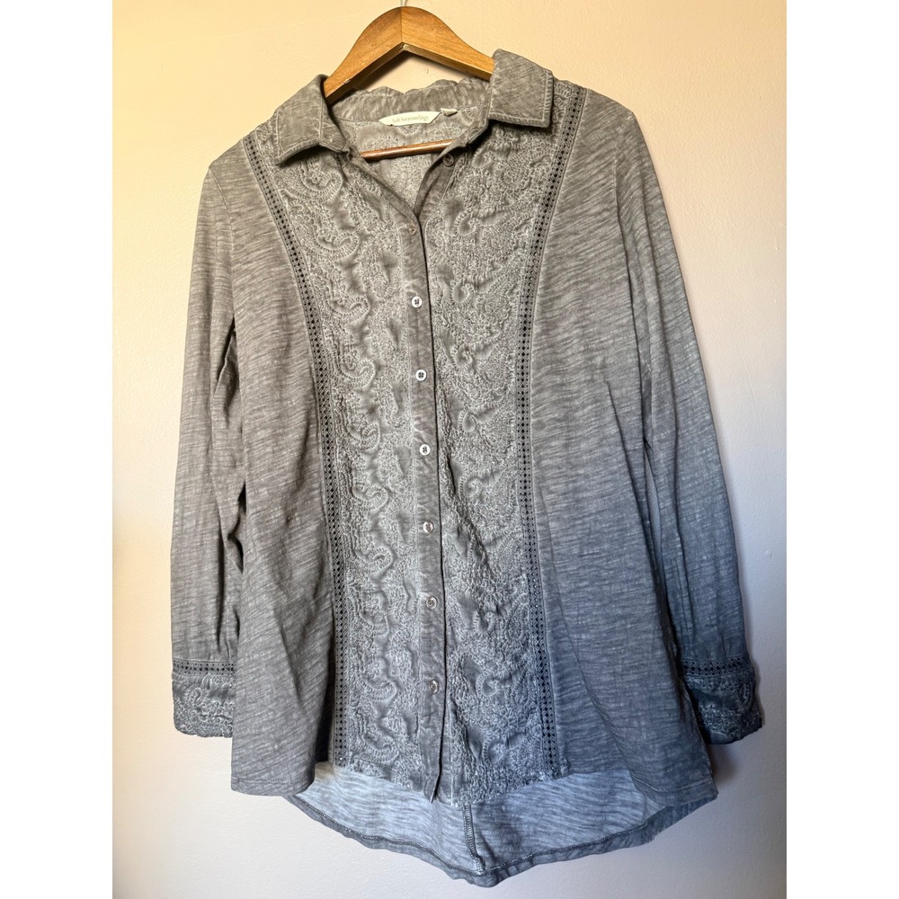 Soft Surroundings Size M Gray Button Down Shirt Embroidered Lace Cotton Top